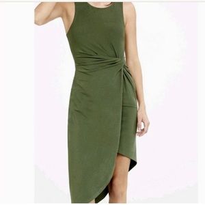 Midi Dress Asymmetrical Side Waist Tie Knot in Olive Green color
